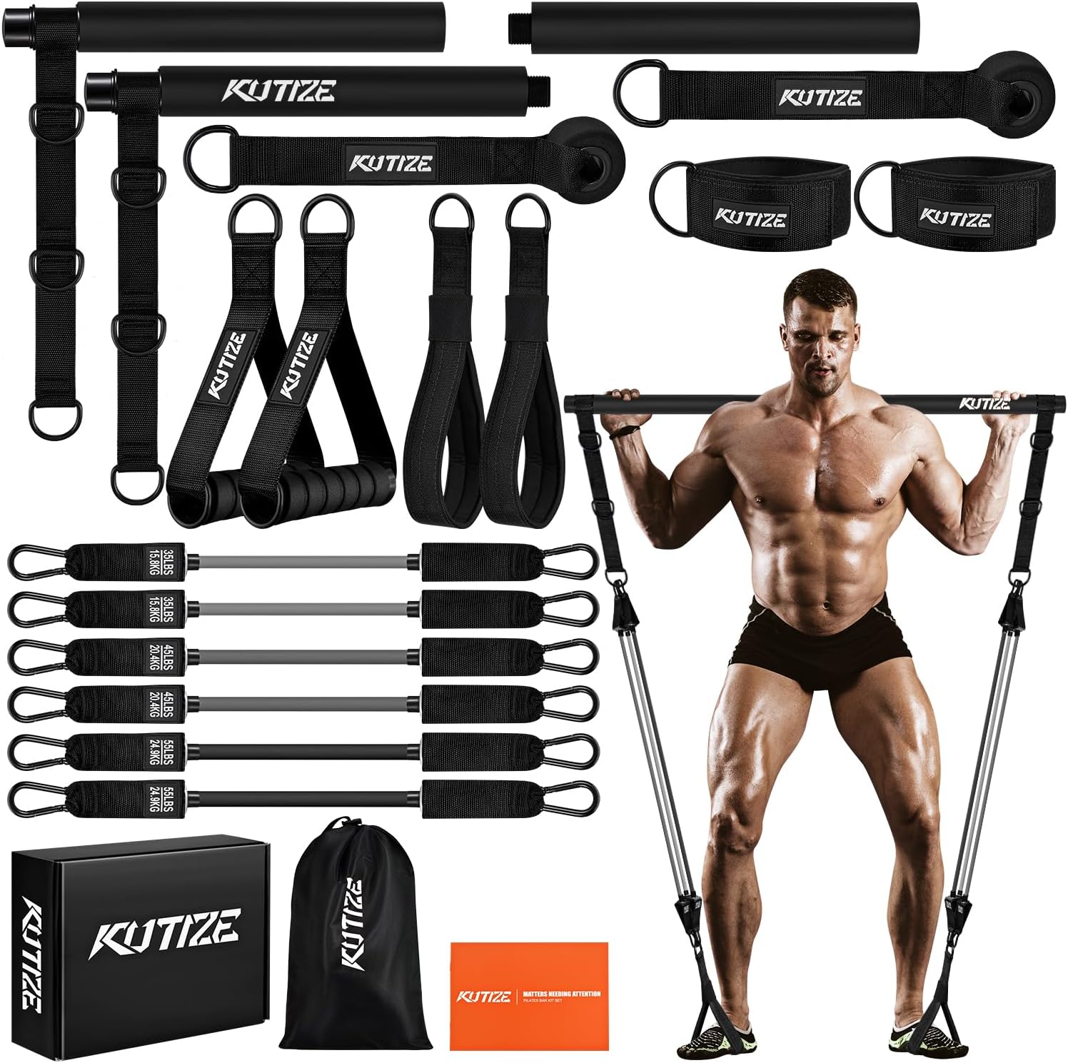 Pilates Bar Kit with Resistance Bands, Heavy Duty Pilates Equipment for Men, Training Bands with Handles for Legs, Hip, Back, Arm, Abs, Chest, Shoulders, Portable Home Gym Workout Equipment