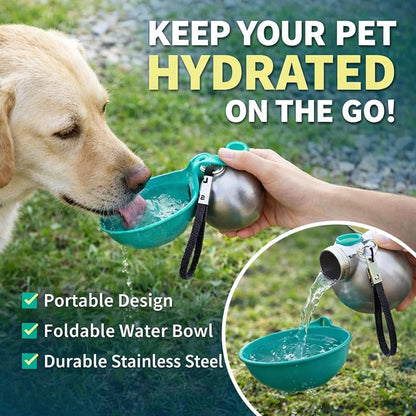 Portable Dog Water Ball, 2-In-1 Foldable Pet Water Bottle, Large-Capacity 304 Stainless Steel Cup with Foldable Silicone Bowl, Leak-Proof & Travel-Friendly, Suitable for Walks and Hiking (Blue1)