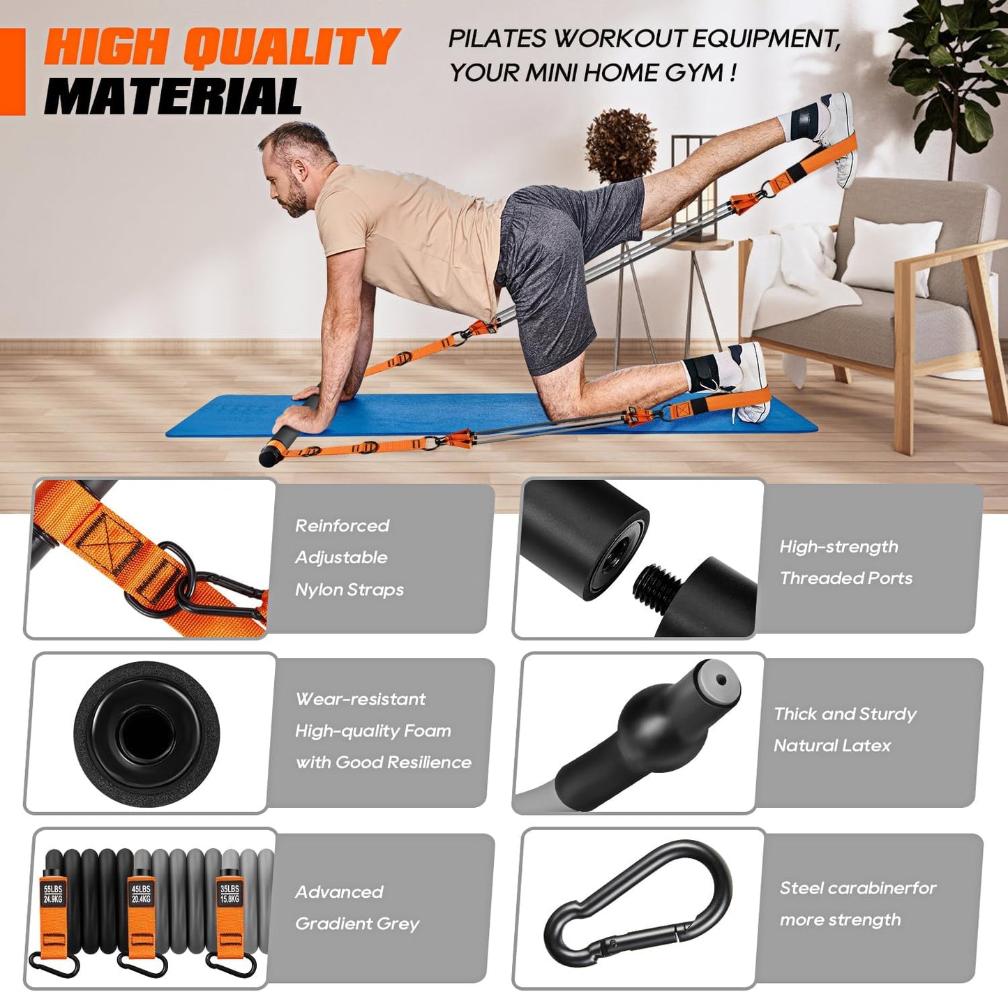 Pilates Bar Kit with Resistance Bands, Heavy Duty Pilates Equipment for Men, Training Bands with Handles for Legs, Hip, Back, Arm, Abs, Chest, Shoulders, Portable Home Gym Workout Equipment